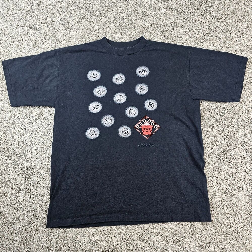 Vintage Red Dog Shirt Mens XL Black Beer Logo Bottle Caps Brewery Single Stitch